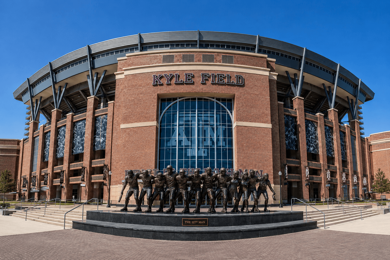 Kyle Field exterior — The 12th Man statue and stadium entrance, College Station TX